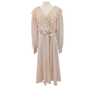Ursula of Switzerland Vintage Peach Chiffon Dress Lace Collar‎ & Belted Sz 13/14
